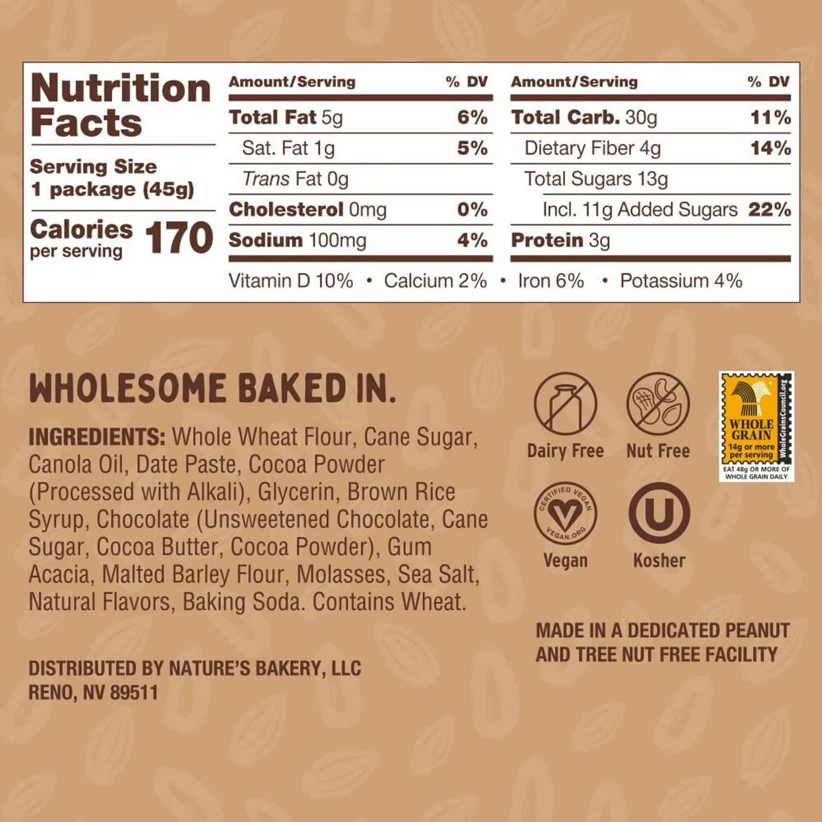 Double chocolate brownie bar package back with Nutrition Facts and ingredients