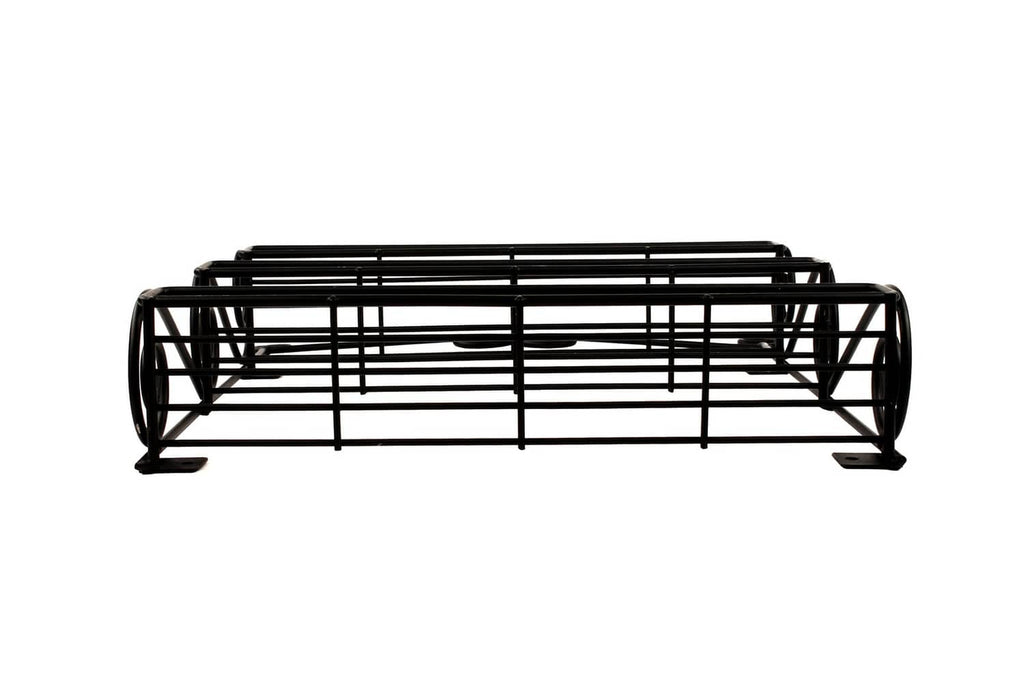 Black rectangular wall spice rack with three wire shelves and end mounting brackets.