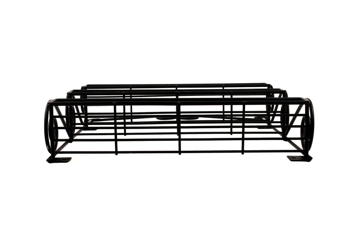 Black rectangular wall spice rack with three wire shelves and end mounting brackets.