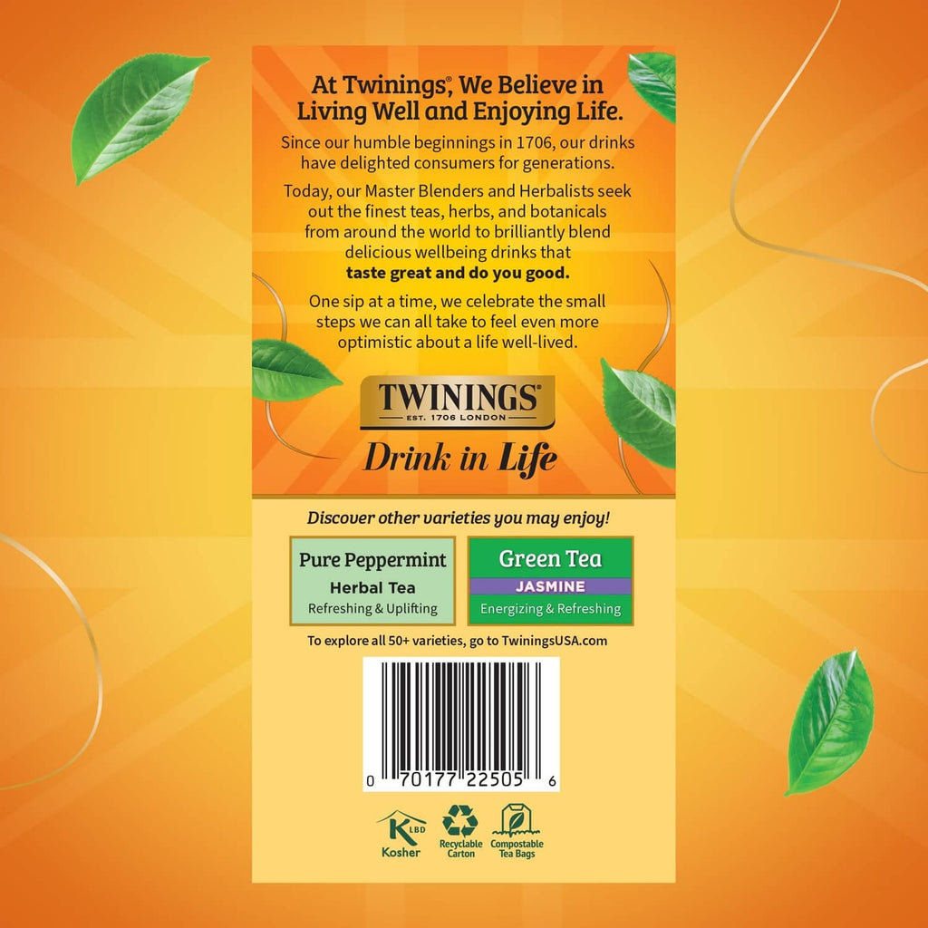 Twinings herbal tea bags box back panel with Drink in Life info