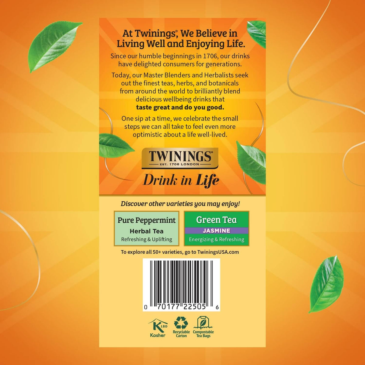 Twinings herbal tea bags box back panel with Drink in Life info