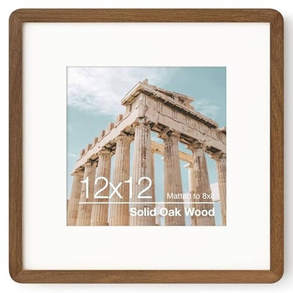 Square solid oak picture frame with rounded corners, landscape photo centered.