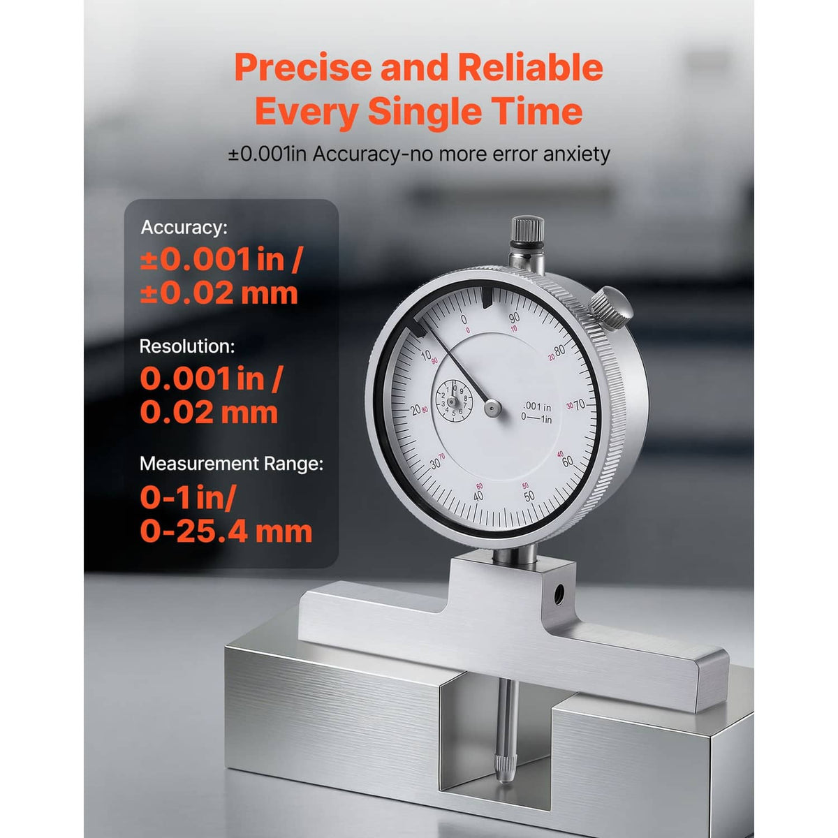 Depth gauge micrometer with round dial and anvil base mounted on a metal block