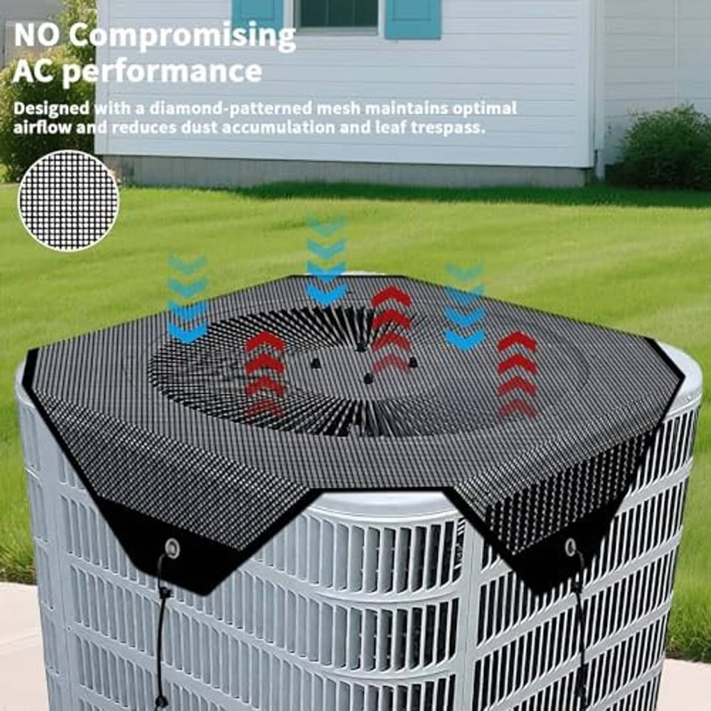 Outdoor AC unit cover with black diamond mesh top over vented side grilles