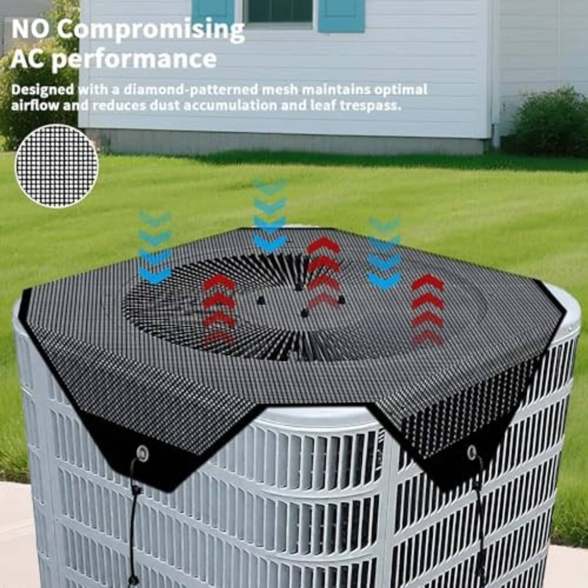 Outdoor AC unit cover with black diamond mesh top over vented side grilles