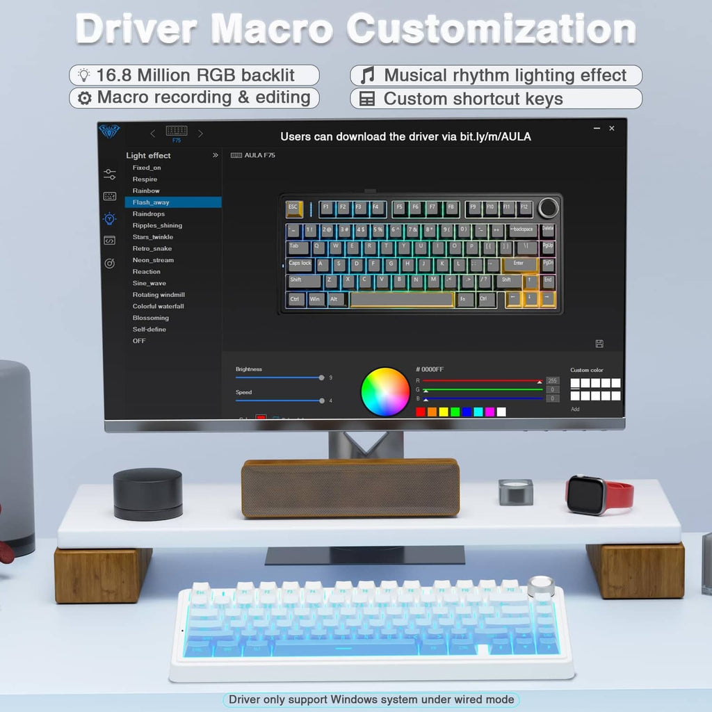 White 75% mechanical keyboard with RGB backlight in a driver customization setup