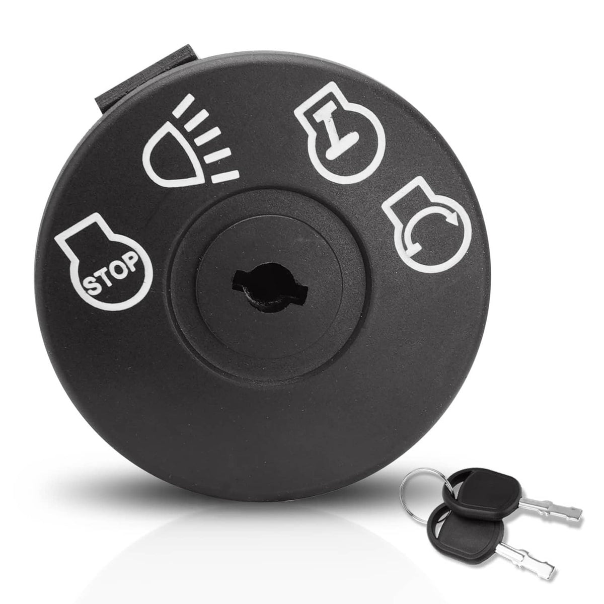 Black ignition switch with key set, circular control panel with icons