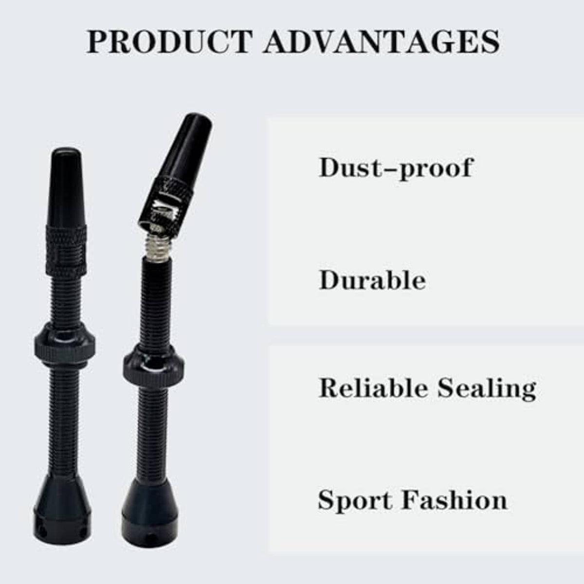 Pair of black tubeless valve stems with knurled grip and protective caps