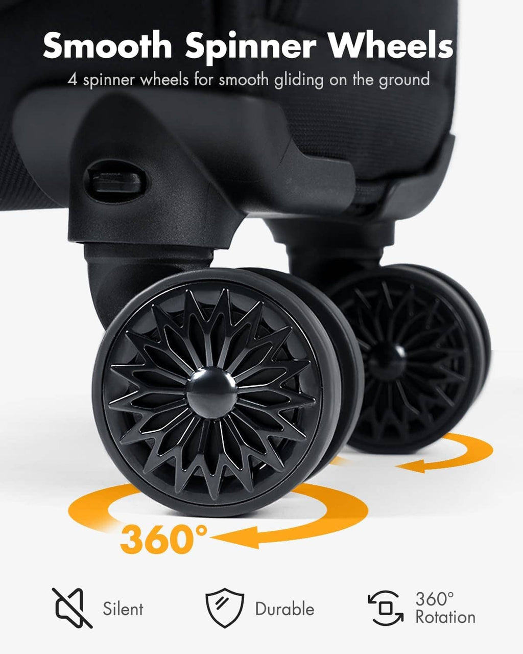 Black spinner wheels with 360-degree rotation on a softside suitcase