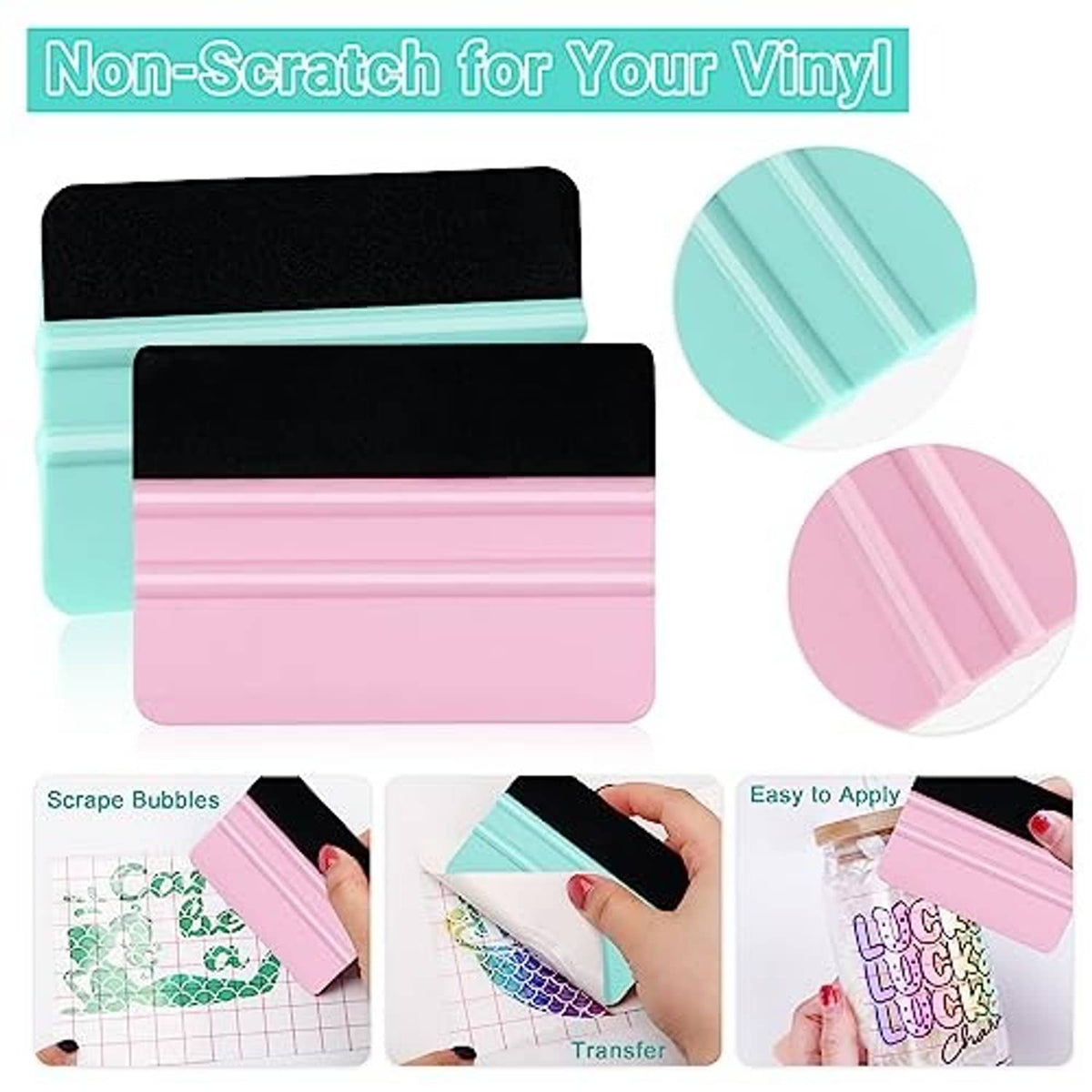 Vinyl squeegee tools with black felt edge pads in teal and pink, set close-up