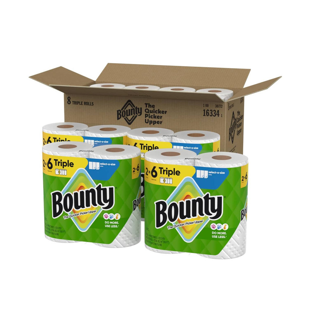 Bounty triple-ply paper towel rolls in white and green packaging