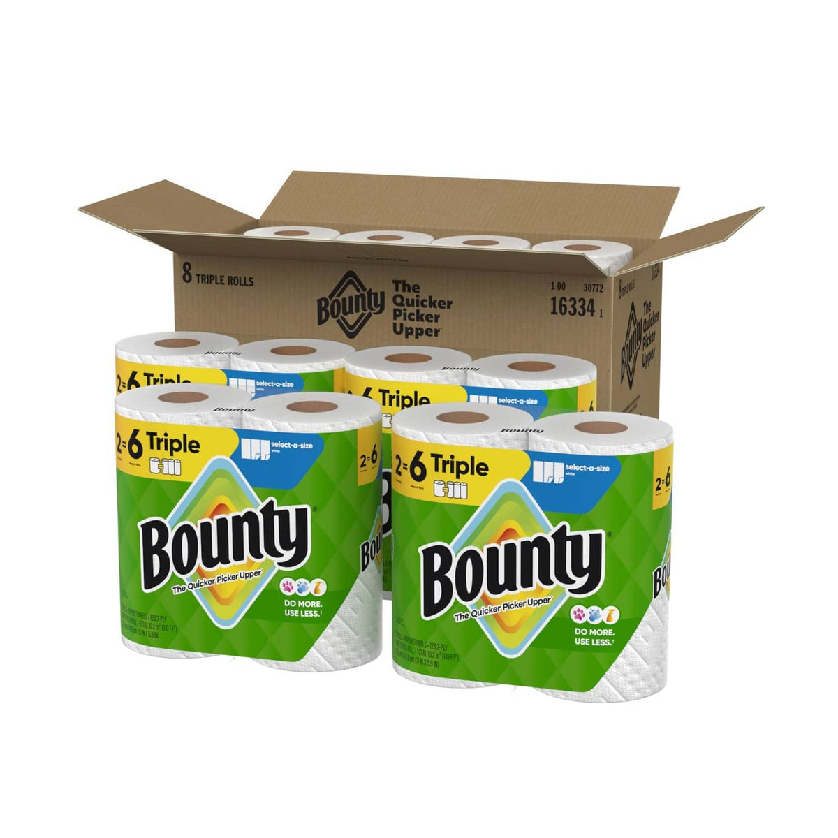 Bounty triple-ply paper towel rolls in white and green packaging