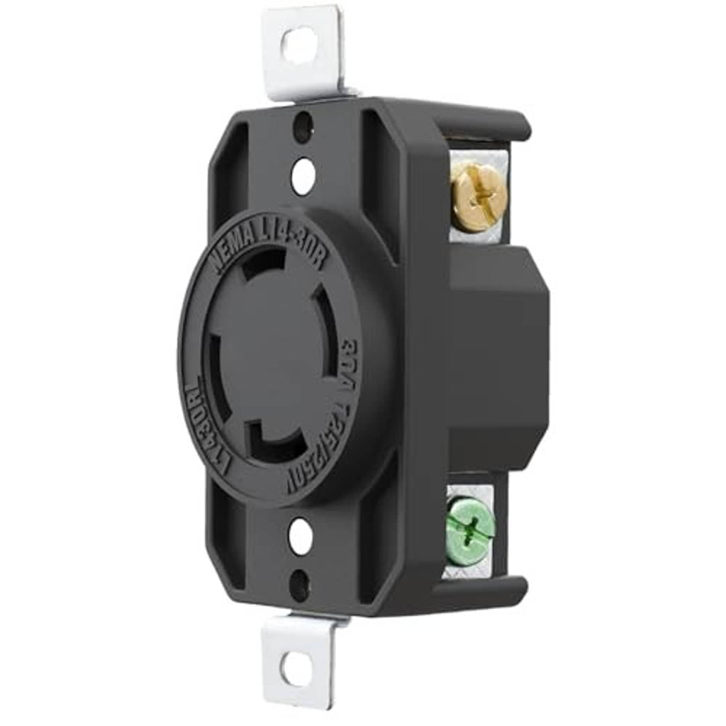 Black NEMA L14-30R locking receptacle with visible brass and green grounding inserts