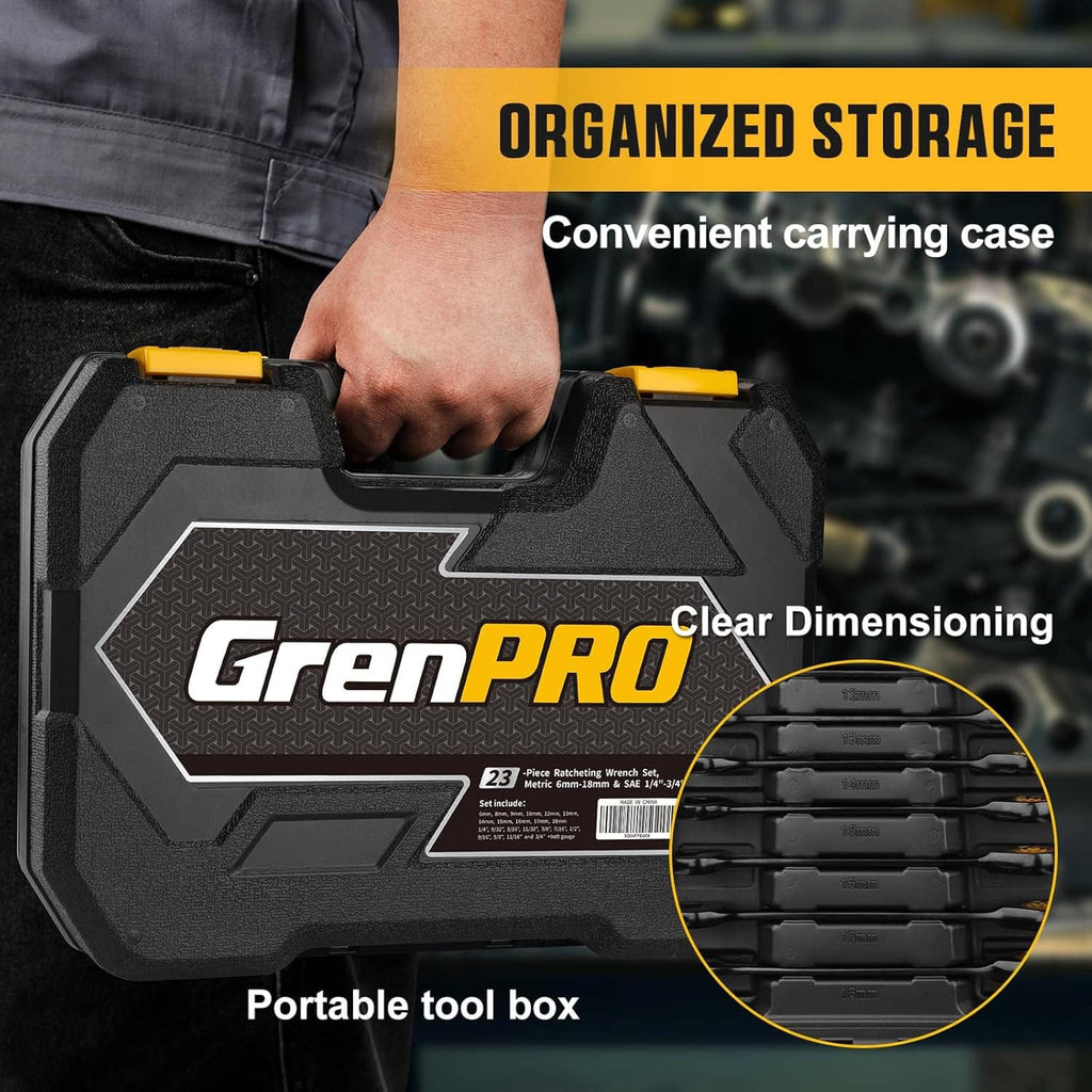 Hand holding a black portable organizer case with ratcheting wrenches inside