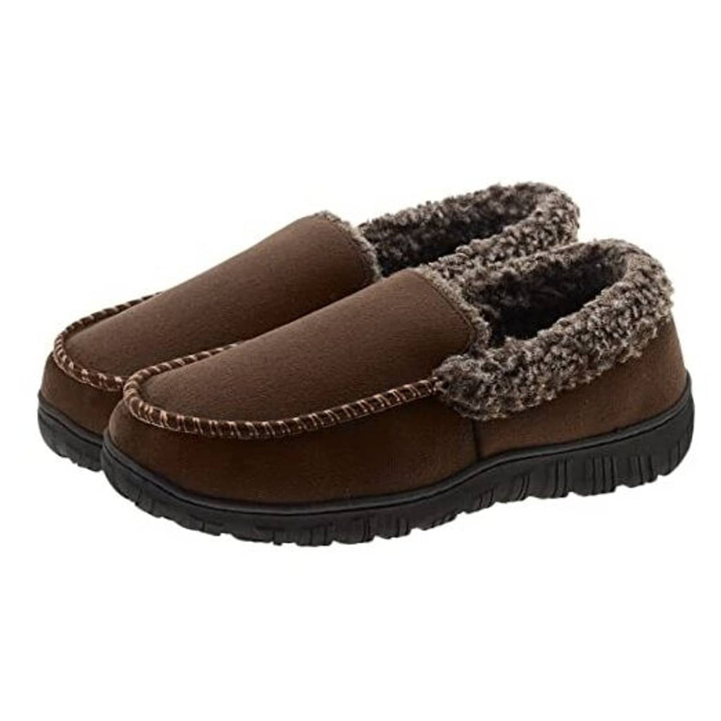 Brown moccasin-style house slippers with fuzzy shearling lining and textured rubber sole