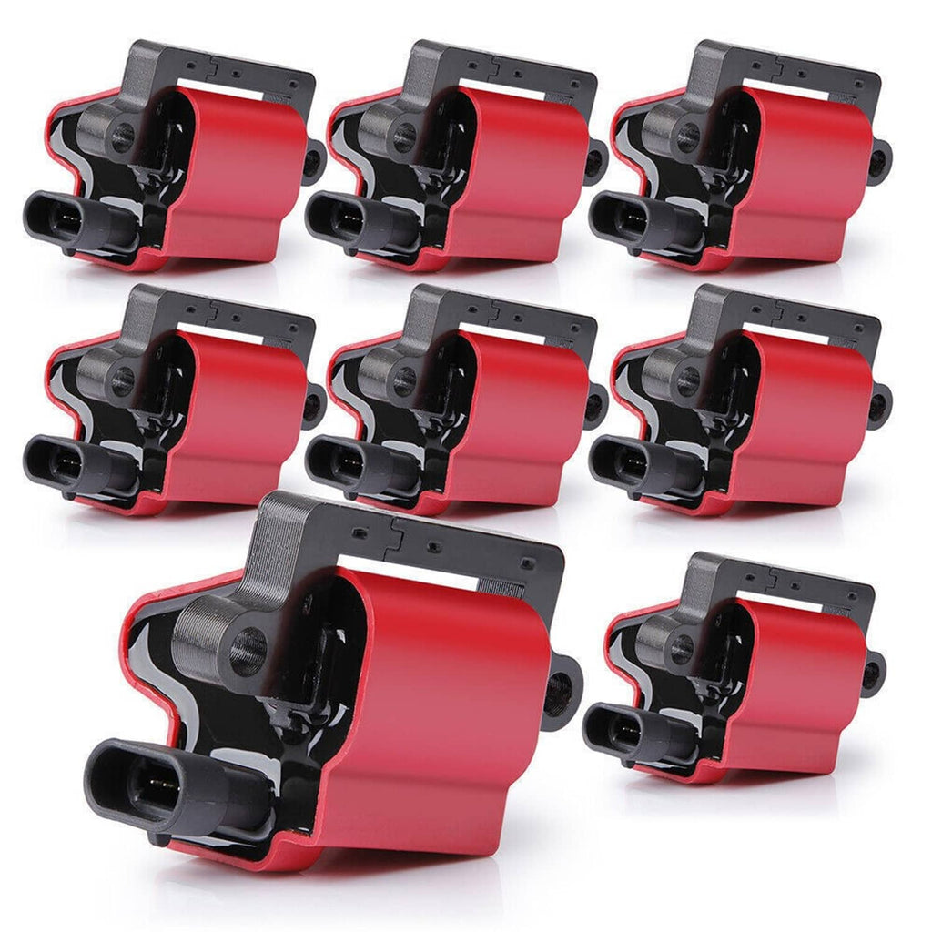 Eight red ignition coil packs with black housings and connector ports