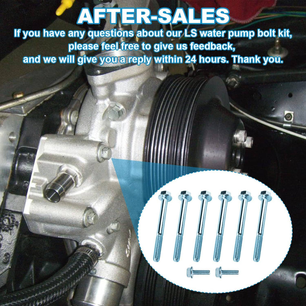 Water pump bolt kit shown in engine bay with multiple chrome bolts highlighted in a circle