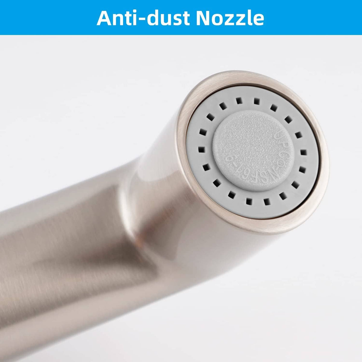 Brushed nickel anti-dust nozzle face with spray holes