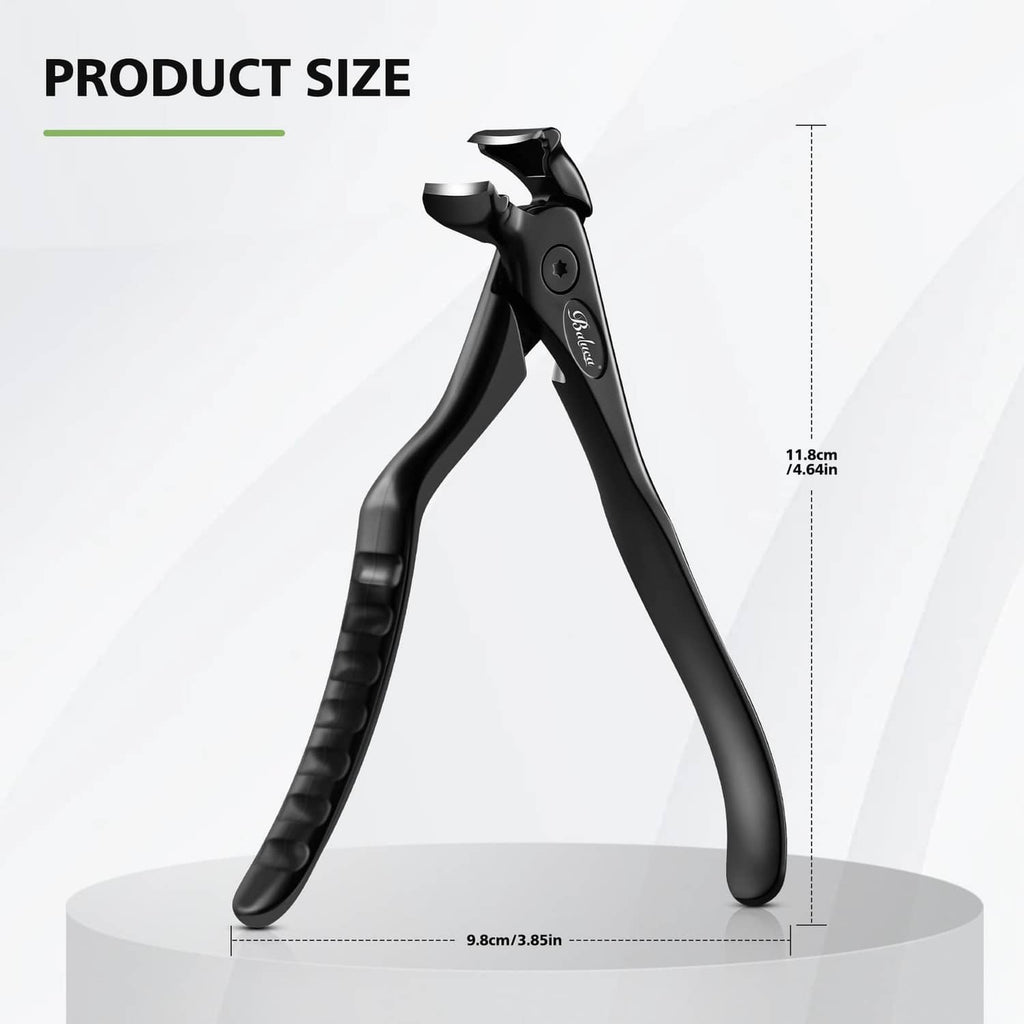 Black ergonomic toenail clipper with long handle and visible product sizing