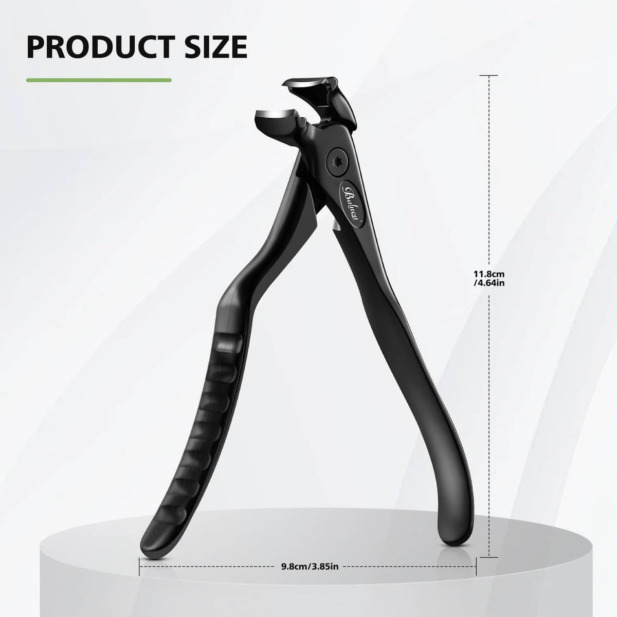 Black ergonomic toenail clipper with long handle and visible product sizing