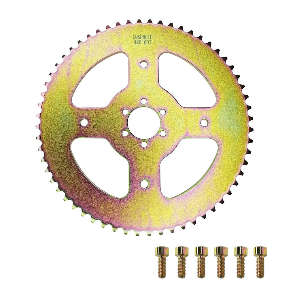 Rainbow-coated 60T rear chain sprocket with 6 holes and mounting bolts