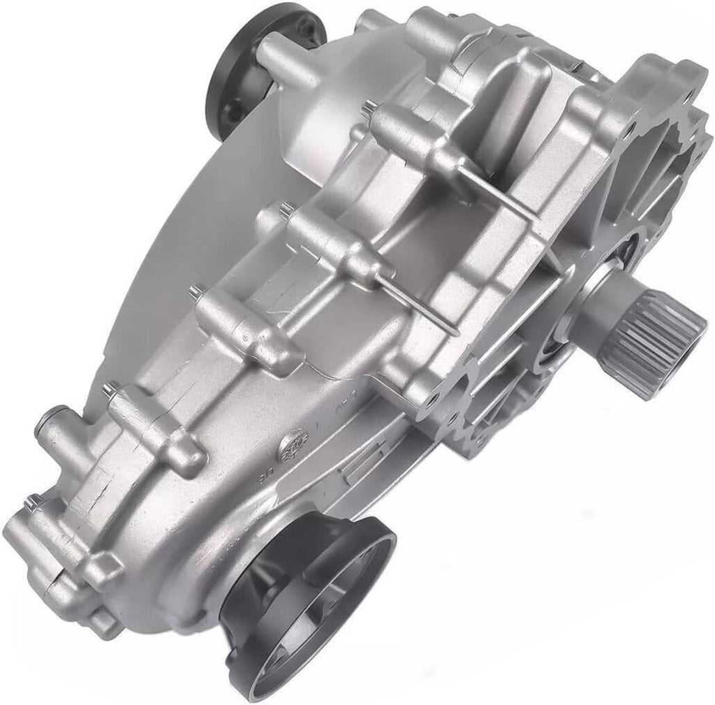 Transfer case assembly with silver housing, shaft end, and front mounting flanges