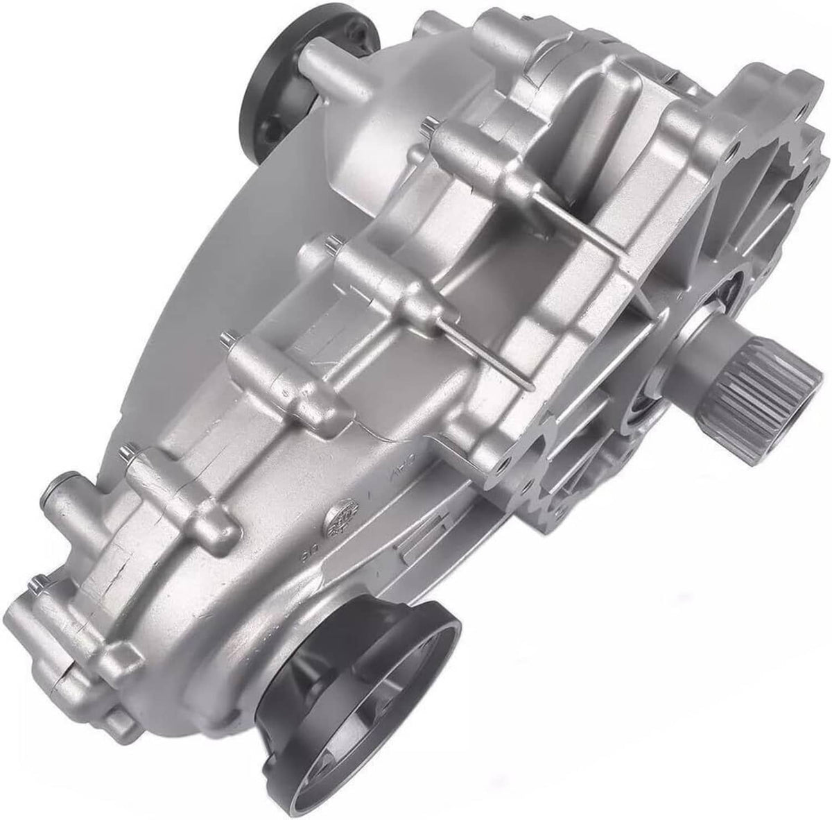 Transfer case assembly with silver housing, shaft end, and front mounting flanges