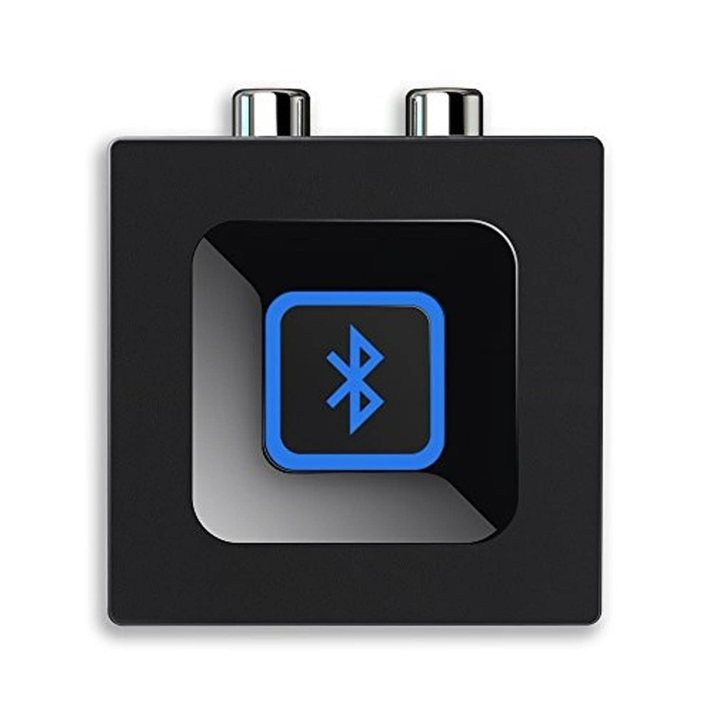 Bluetooth audio adapter top view with blue Bluetooth icon and two metal connectors