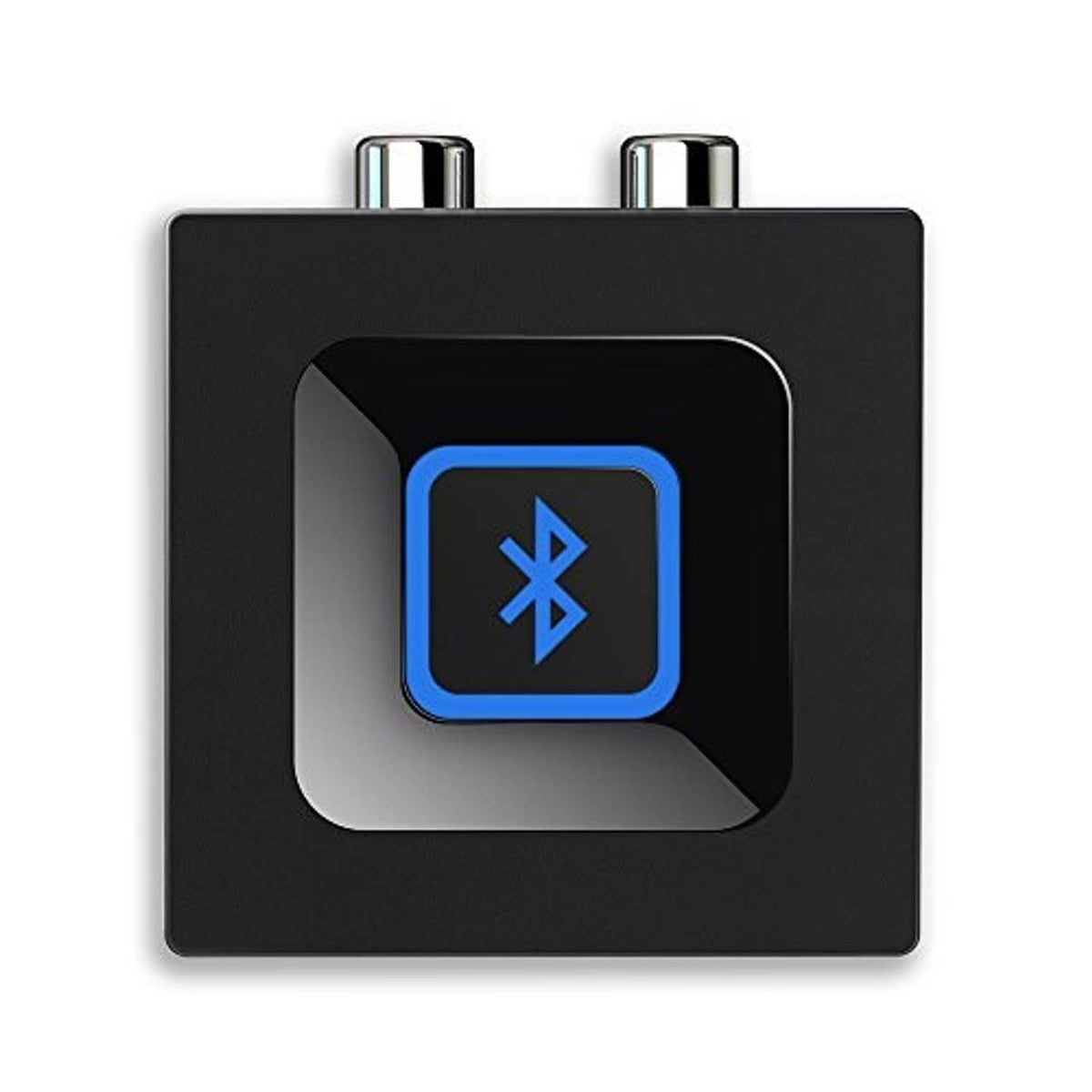 Bluetooth audio adapter top view with blue Bluetooth icon and two metal connectors