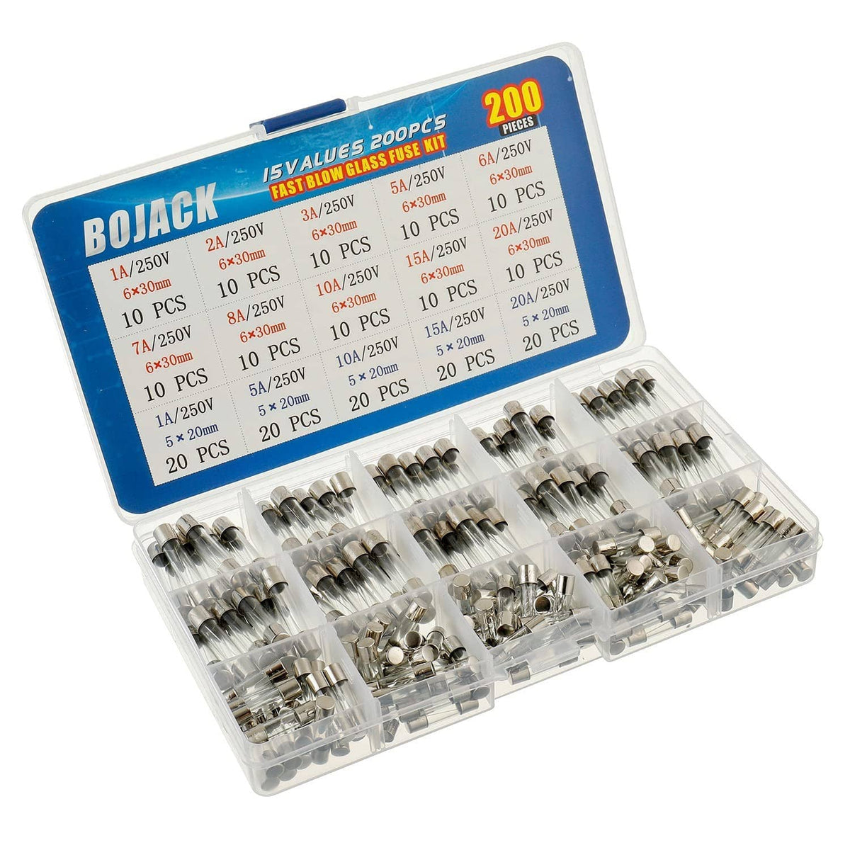 Fast-blow glass fuse assortment kit, blue-labeled case with 200 fuses in tray