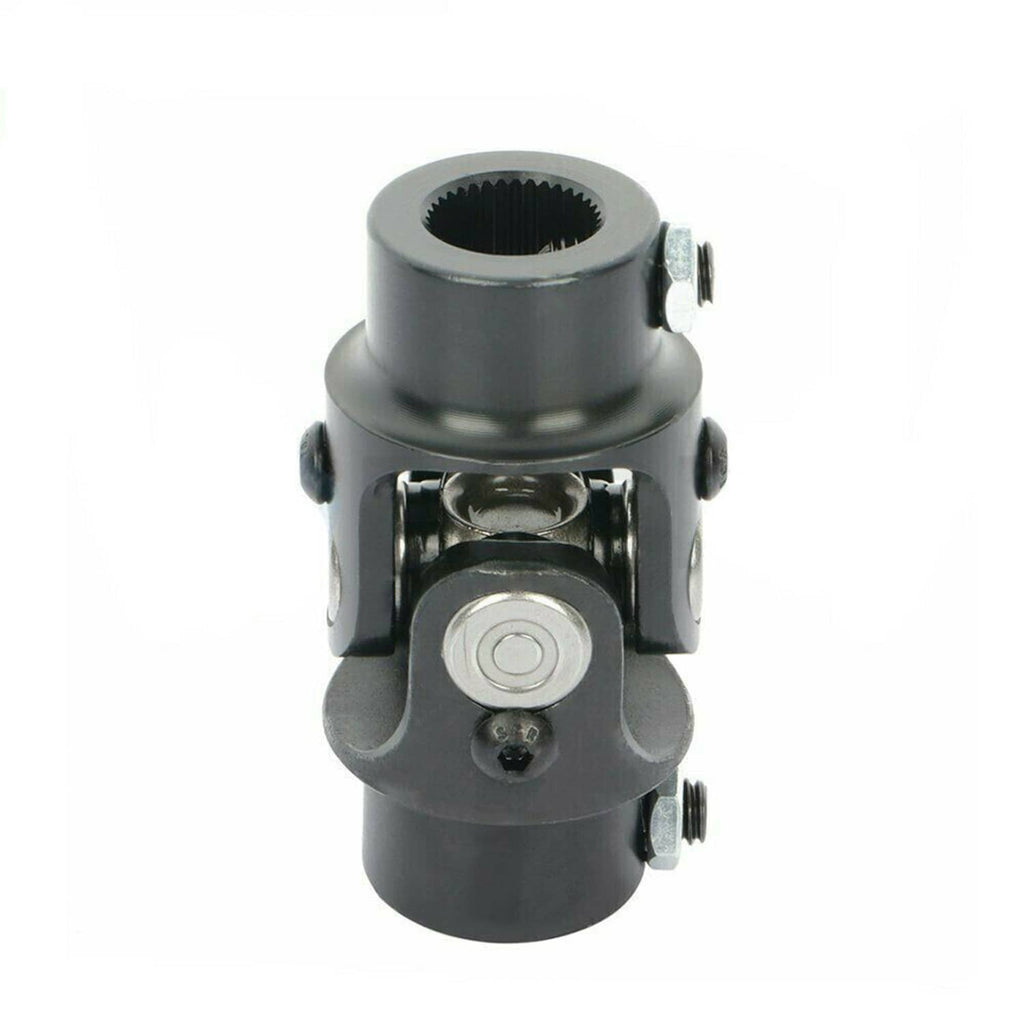 Black steering single U-joint shaft front view with splined opening and bolt ends