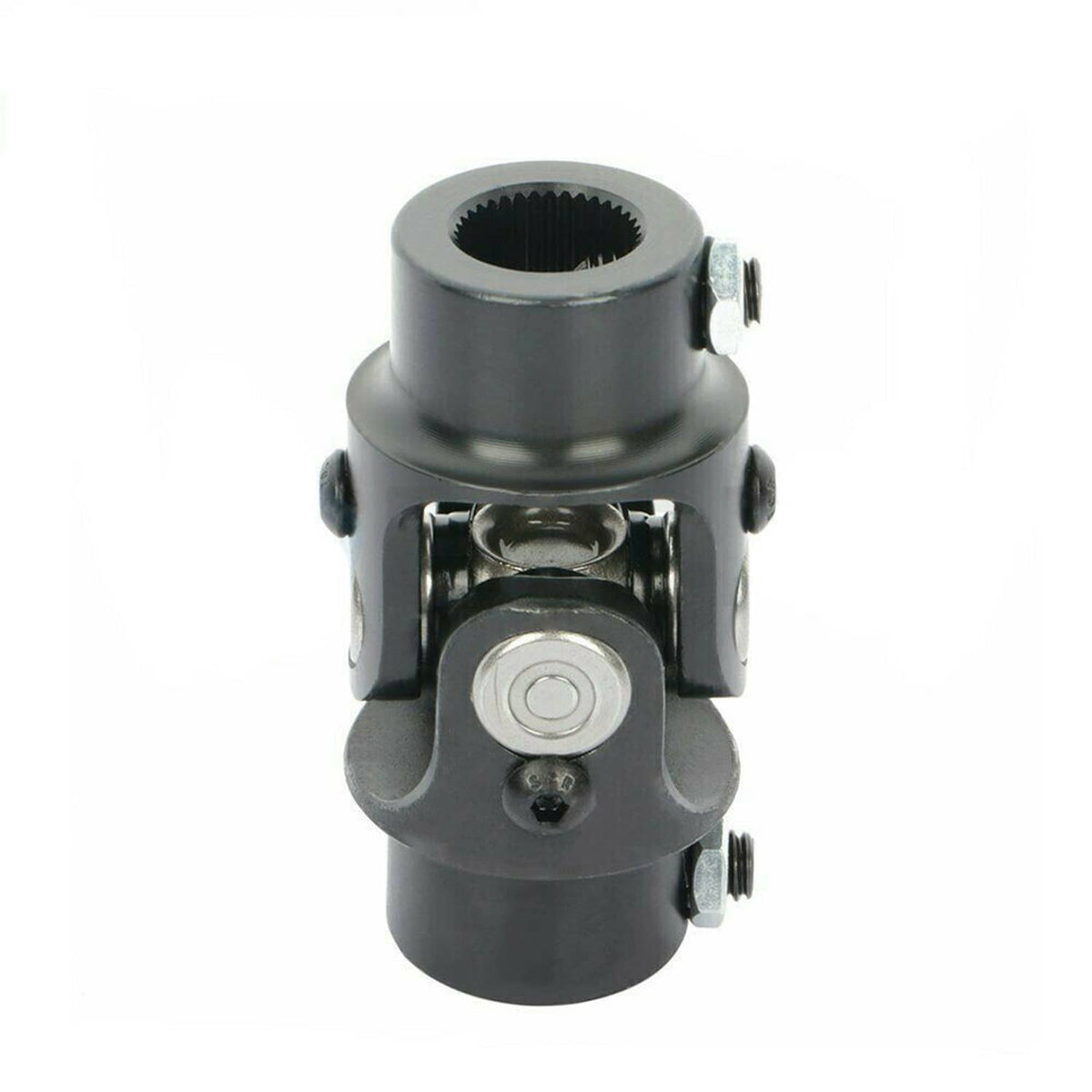 Black steering single U-joint shaft front view with splined opening and bolt ends