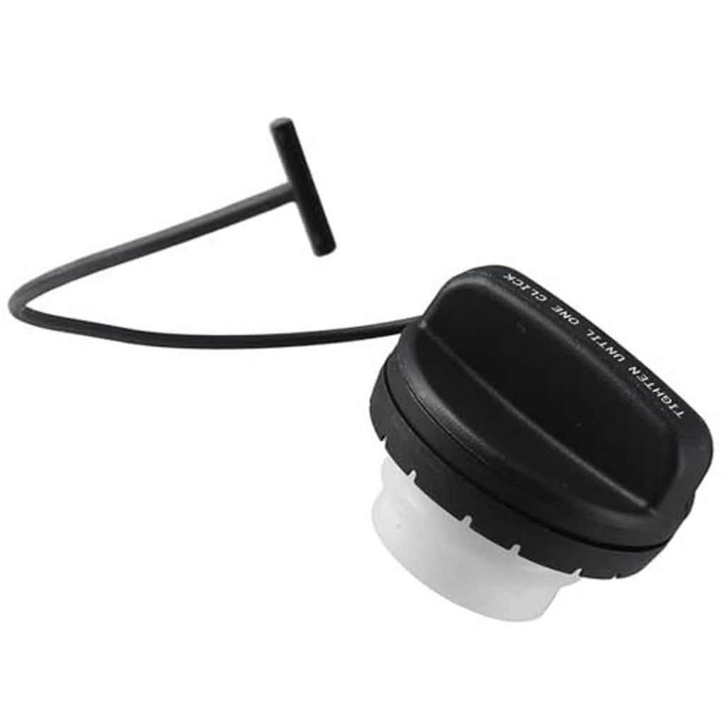 Black and gray fuel gas cap with tether, side view of the cap base