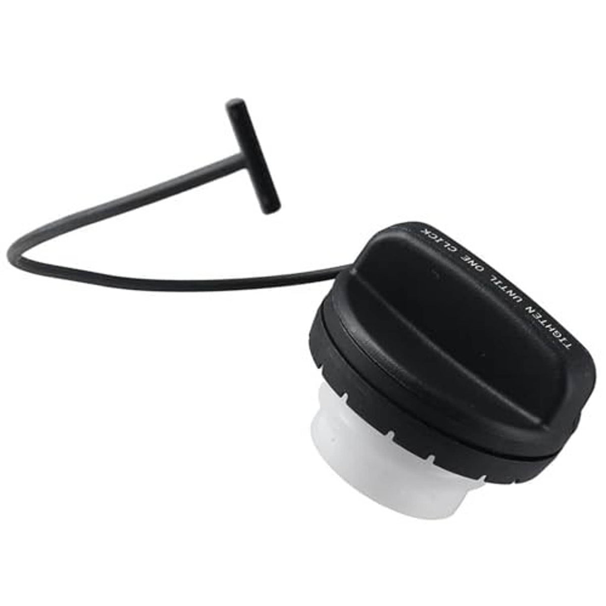 Black and gray fuel gas cap with tether, side view of the cap base