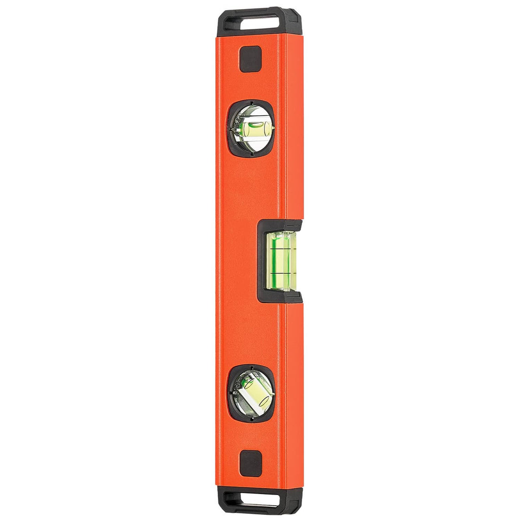 Orange magnetic torpedo level with vertical body, two bubble vials, black end handles