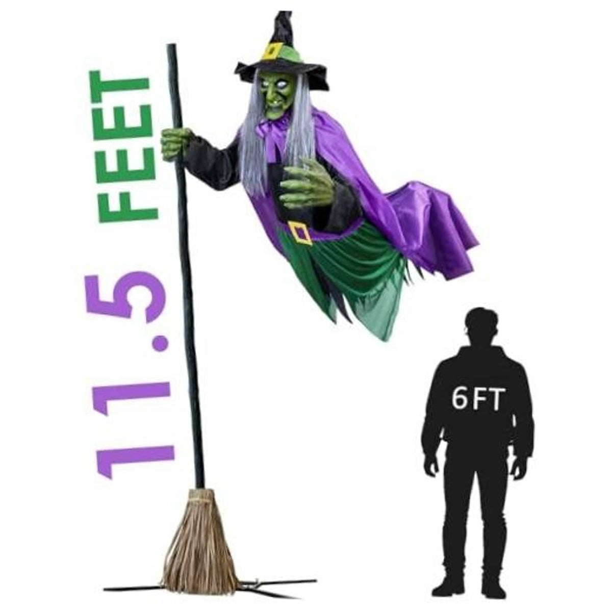 Animated hovering witch decoration with glowing green face, purple robe, and broom stand