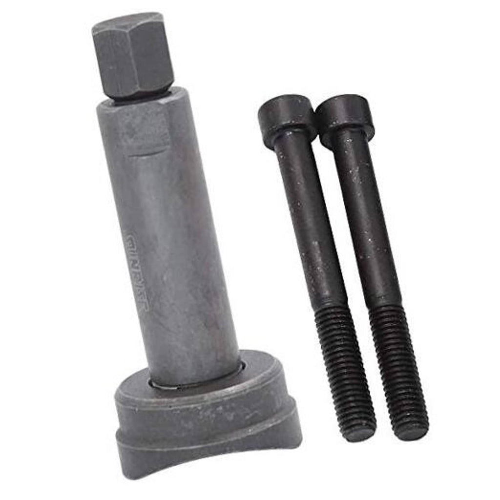 Chain piston pin extractor tool with gray driver post and two black threaded puller bolts