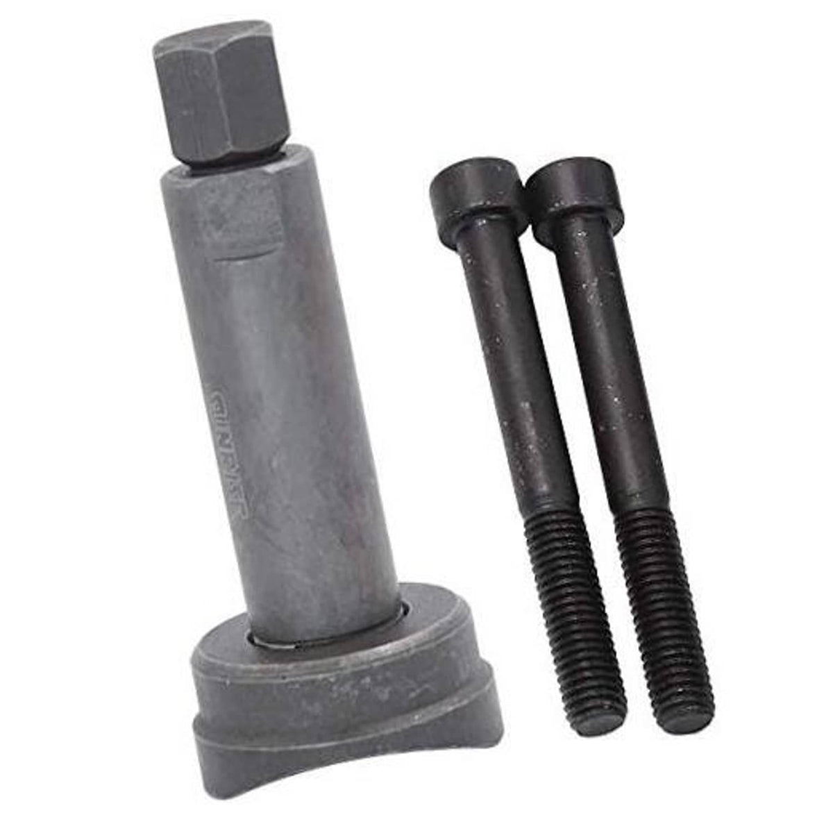 Chain piston pin extractor tool with gray driver post and two black threaded puller bolts
