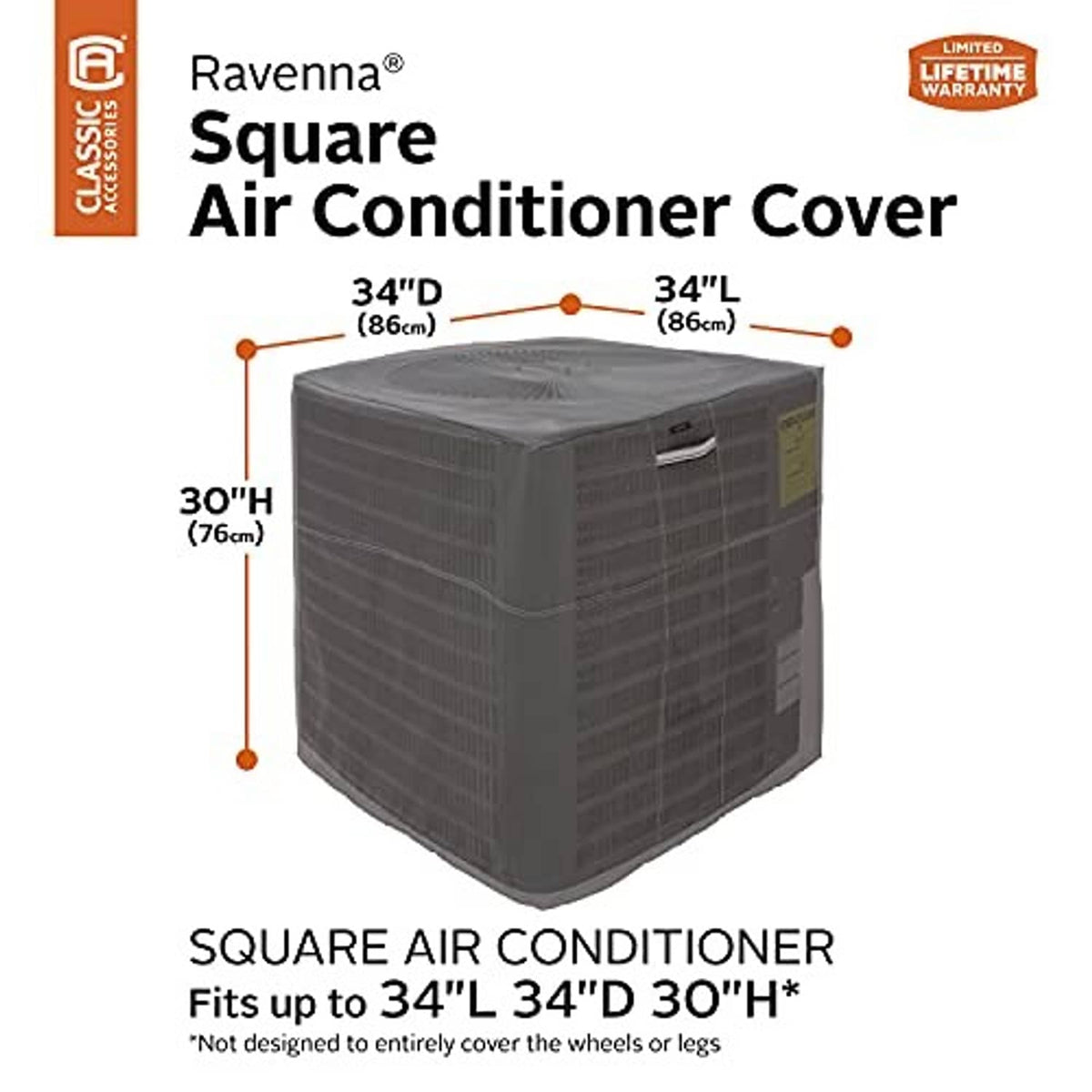 Ravenna square air conditioner cover size diagram: 34" L x 34" D x 30" H