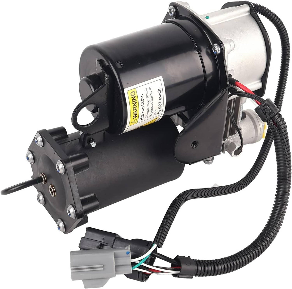 Air suspension compressor pump with black motor body and rubber air hose