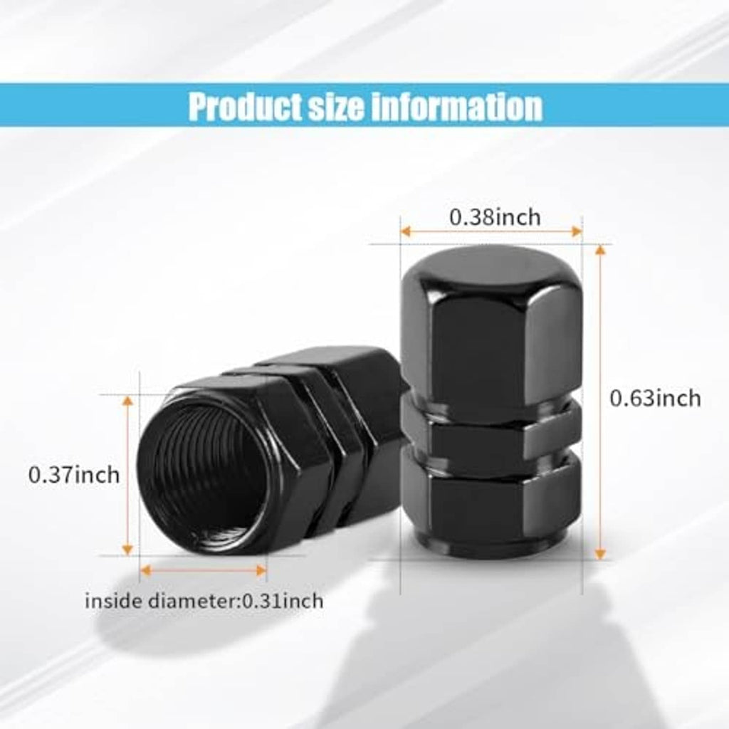 Black hex tire valve caps shown with threaded end and overall size markers.