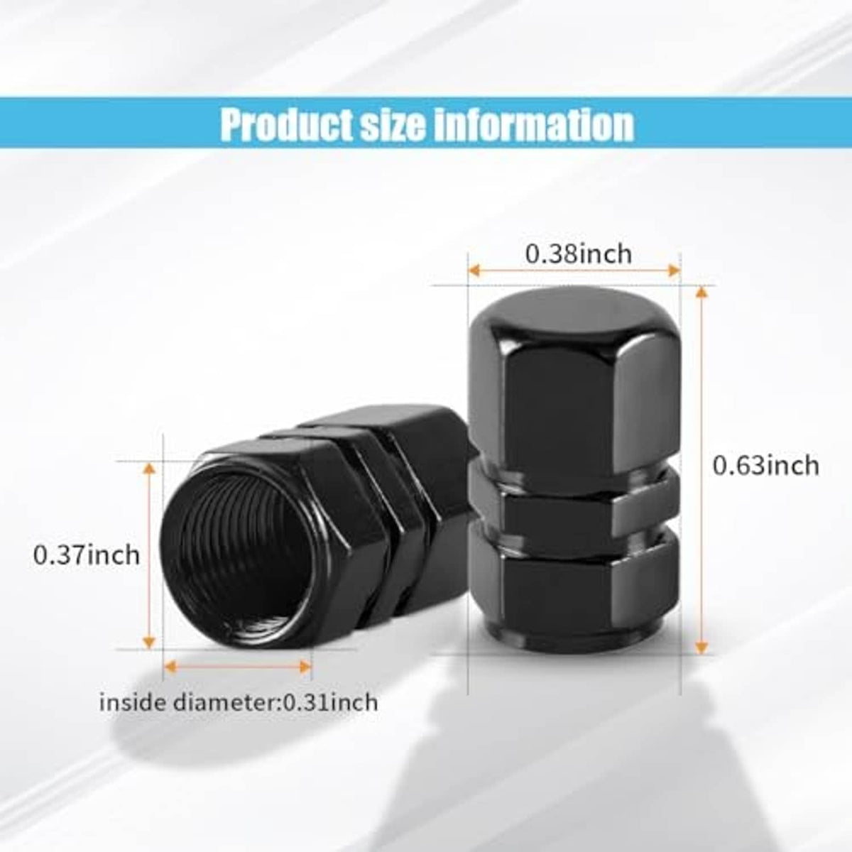 Black hex tire valve caps shown with threaded end and overall size markers.