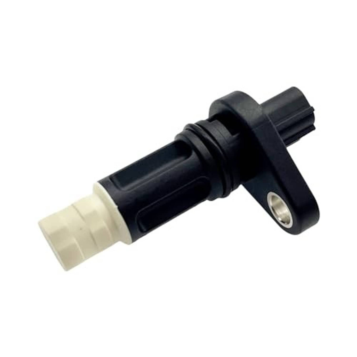 Crankshaft position sensor with black body, white connector end, side mounting tab and circular hole