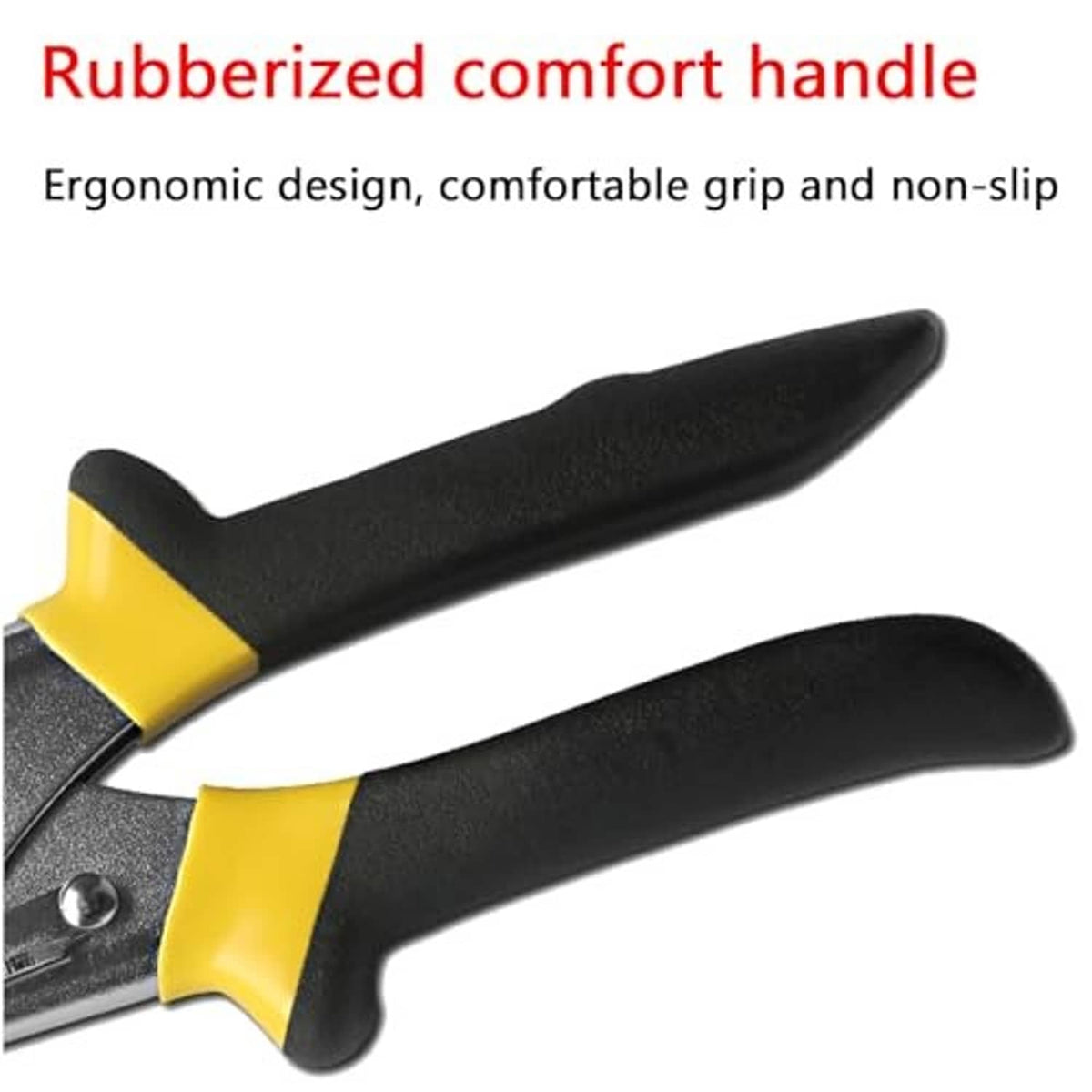 Rubberized comfort grip handles on miter shears with yellow accents and steel blades