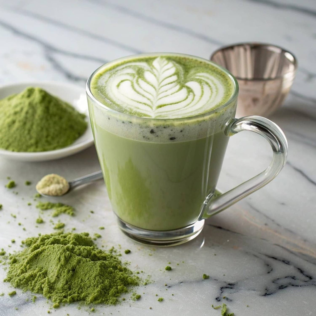 Glass mug of green matcha latte with latte foam and matcha powder