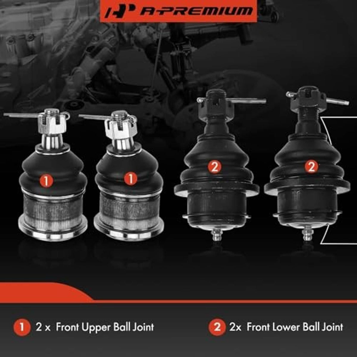 Four ball joints with metal ball studs and black rubber boots