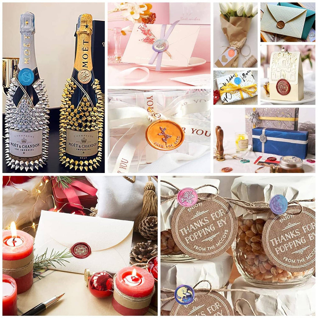 Wax sealing kit items with envelopes, wax seals, and seal-stamp materials