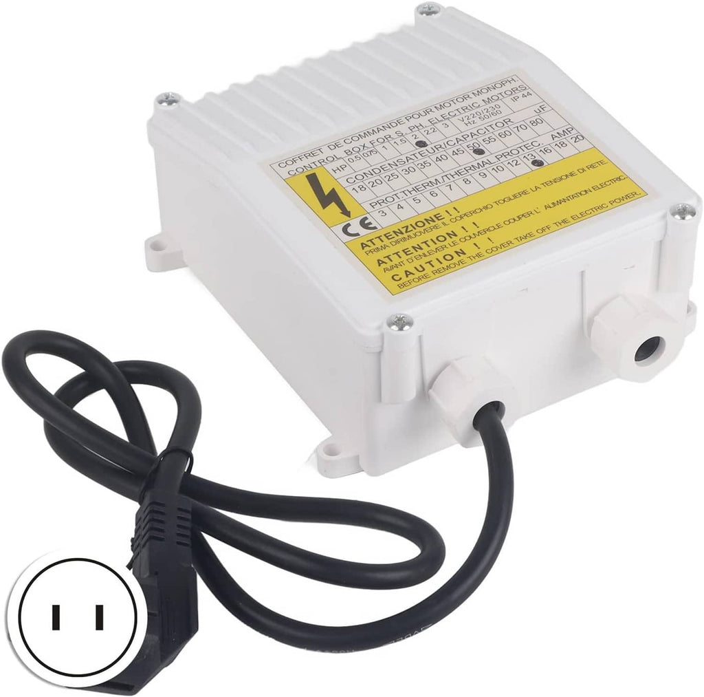 White submersible pump controller box with cable leads and side ports