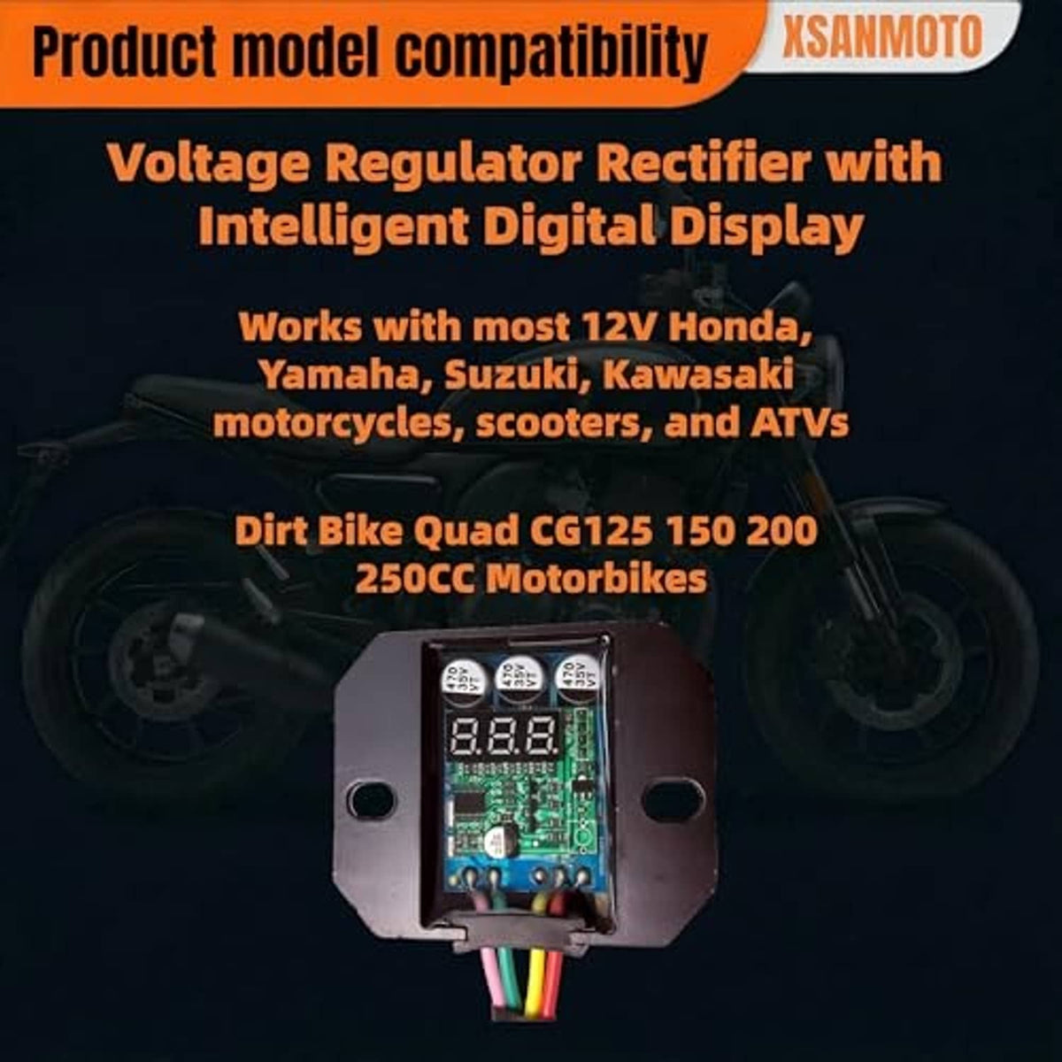 Voltage regulator rectifier with LED digital display, shown on compatibility graphic