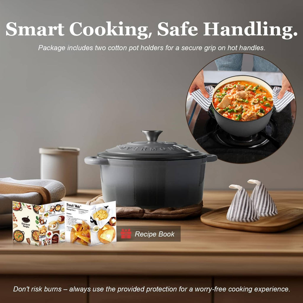 Grey Dutch oven with lid, plus two cotton pot holders and included recipe book